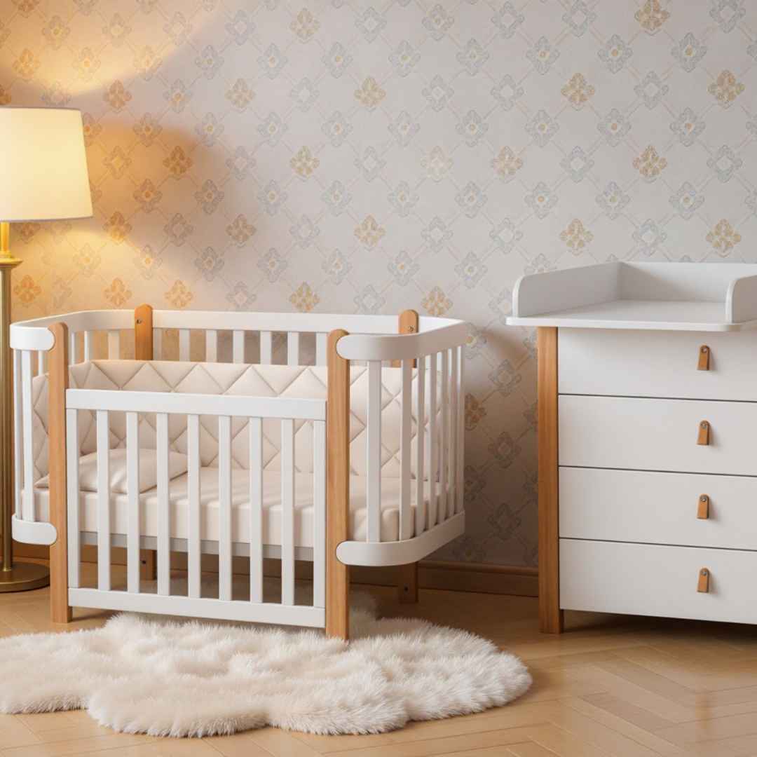 Sada. Dětská postýlka Zukko 120x60 s matrací, komodou a přebalovacím pultem. Bílá/Přírodní.